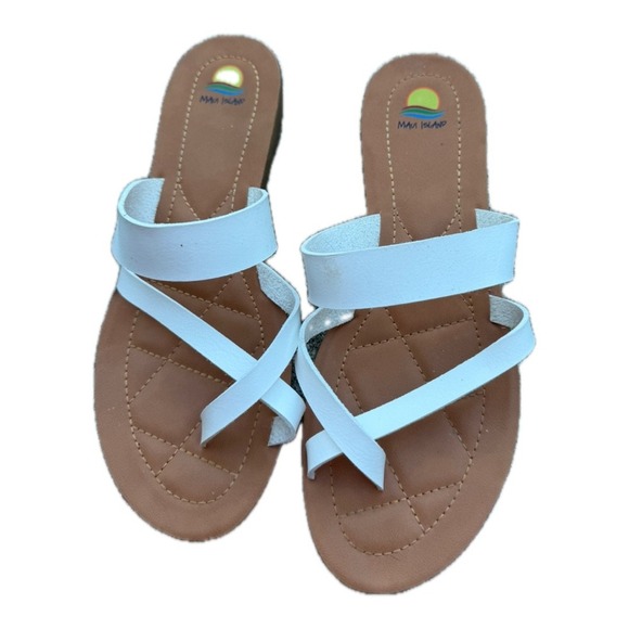 Maui Island Slide on White Brown Sandals Size 9 Women's Casual Flat - Picture 1 of 7